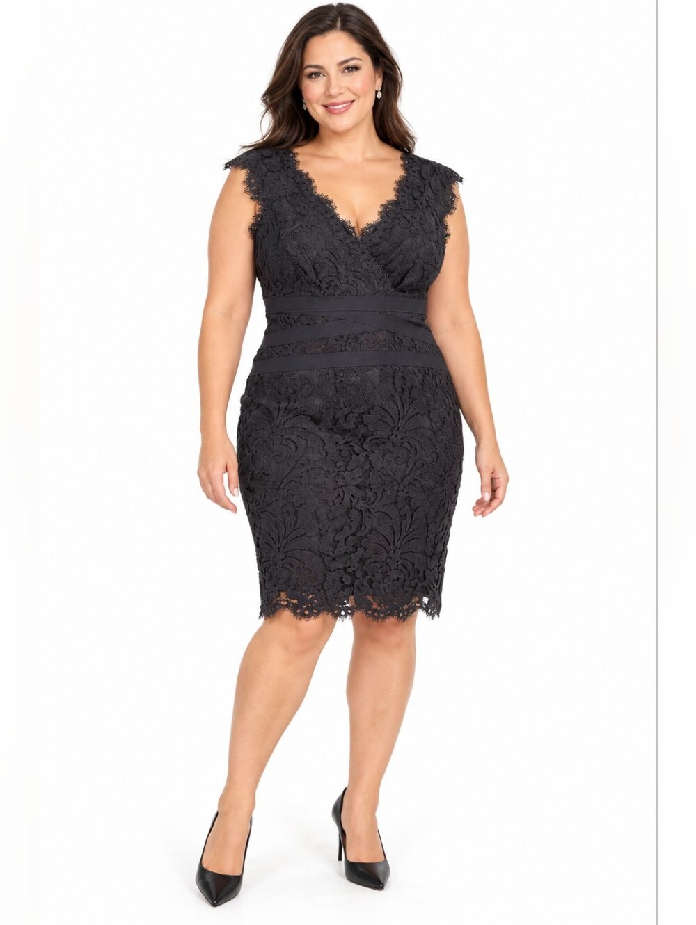 Tadashi Shoji Black Embroidered Lace V-Neck Sheath Cocktail Dress 12P Petite